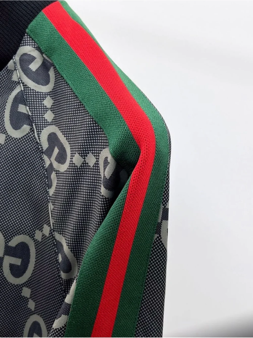 Gucci Gray GG Monogram Bomber Jacket with Green-Red Stripe